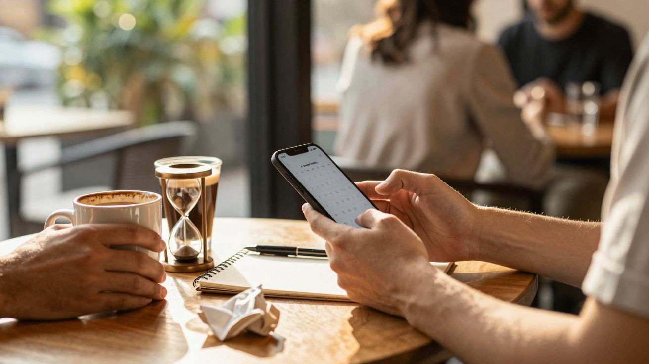 Osoba trzymająca smartfon przy stole z notatnikiem, klepsydrą i filiżanką kawy w kawiarni.
