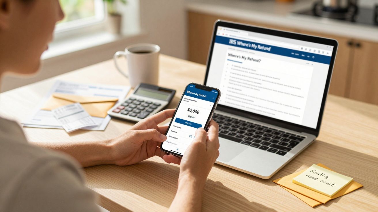 Osoba sprawdzająca zwrot podatku na telefonie, obok laptop, kalkulator i dokumenty na stole.