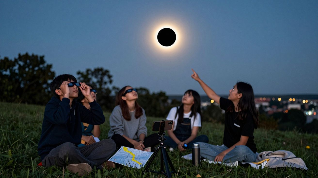 Grupa ludzi obserwuje zaćmienie Słońca na trawie; używają okularów ochronnych, jeden z nich wskazuje niebo.