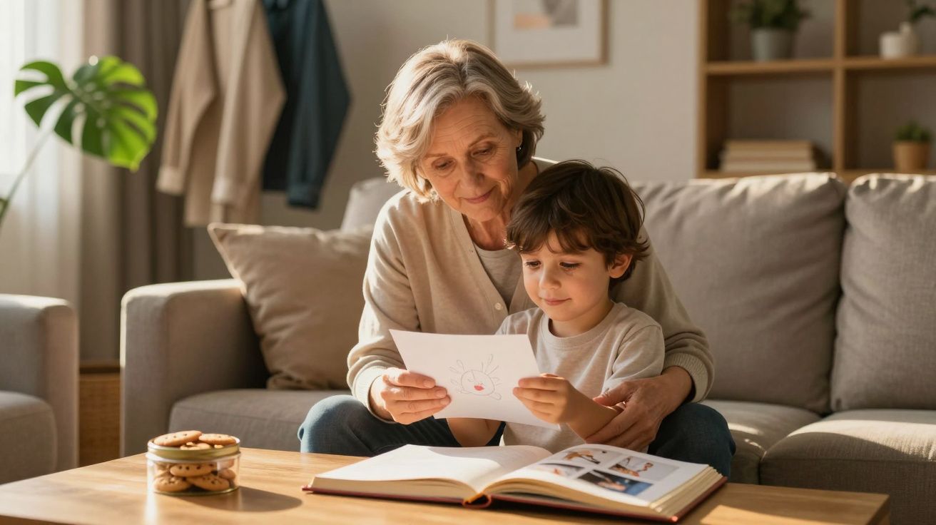 Starsza kobieta i chłopiec siedzą na kanapie, oglądają zdjęcia i rysunki w albumie w przytulnym salonie.