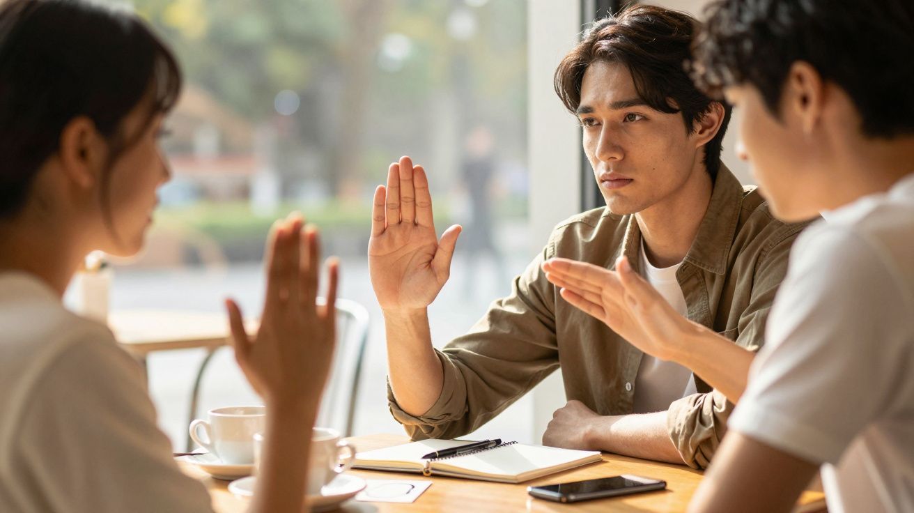 Trzy osoby dyskutujące przy stole w kawiarni, z notatnikiem i filiżankami na stole.