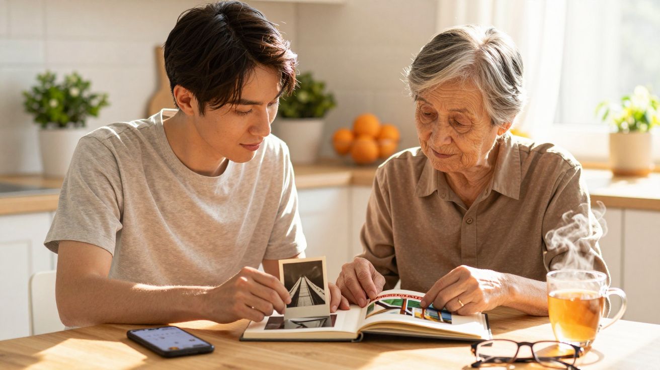 Młody mężczyzna i starsza kobieta oglądają album ze zdjęciami przy stole w jasnym pomieszczeniu.