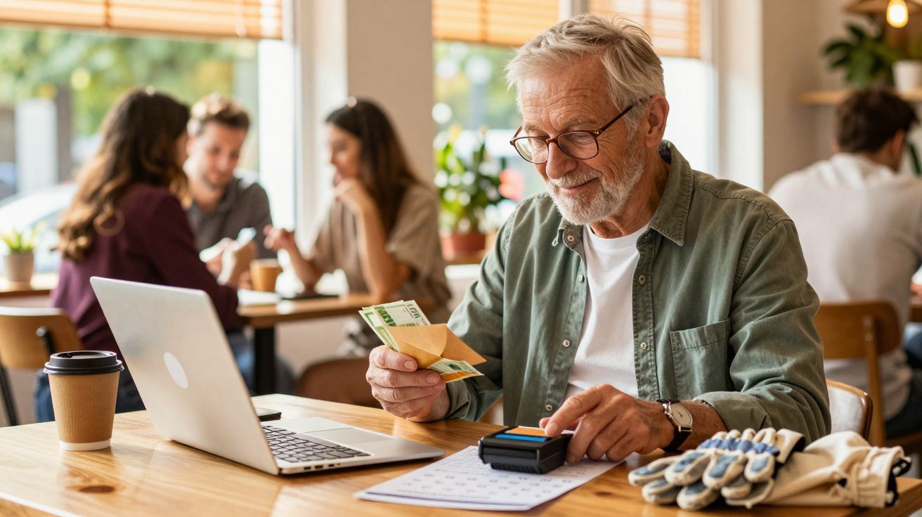 Starszy mężczyzna z siwą brodą liczy pieniądze przy stole z laptopem i kalkulatorem, w tle kawiarnia.