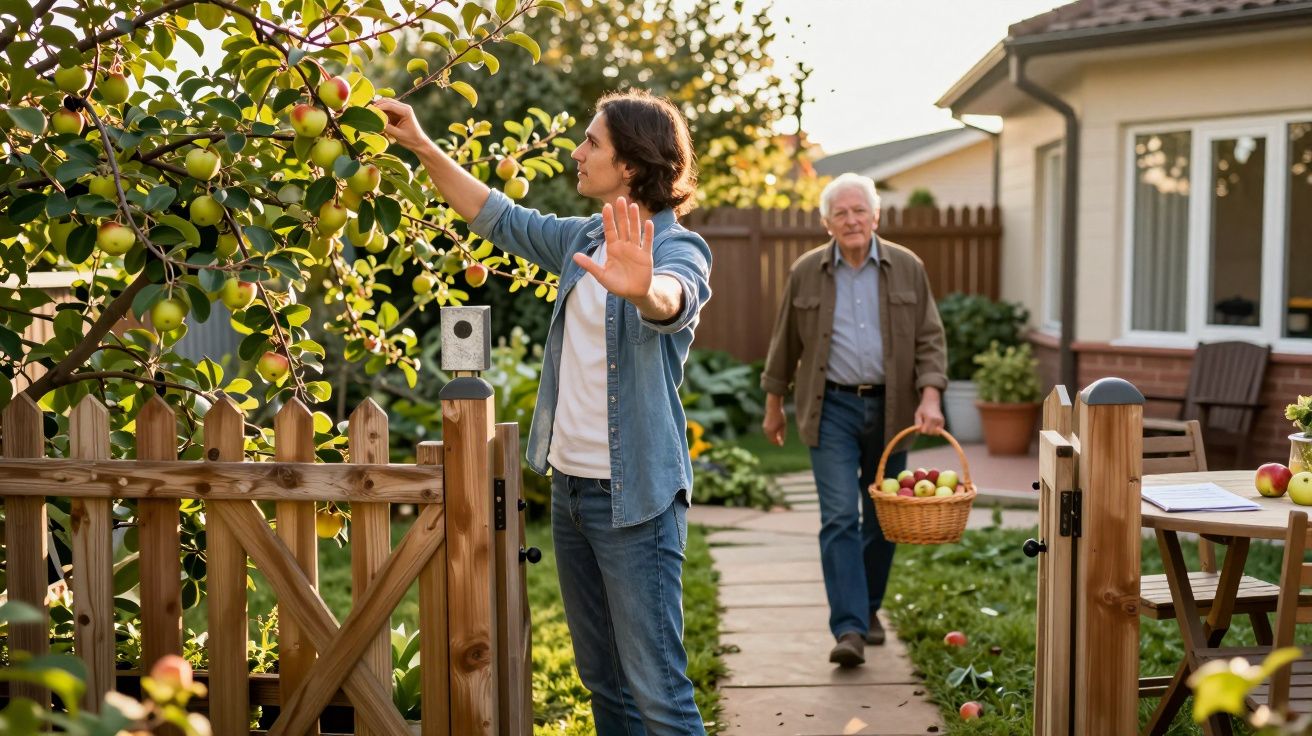 Mężczyzna zrywa jabłka w ogrodzie, obok stoi starszy mężczyzna z koszem jabłek na ścieżce przy domu.
