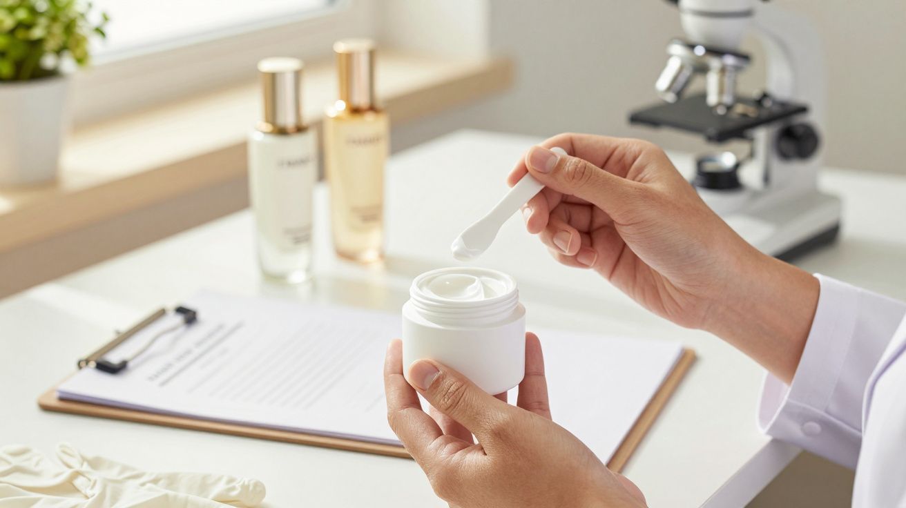 Osoba trzymająca słoik z kremem nad biurkiem, w tle mikroskop i dwa flakony.