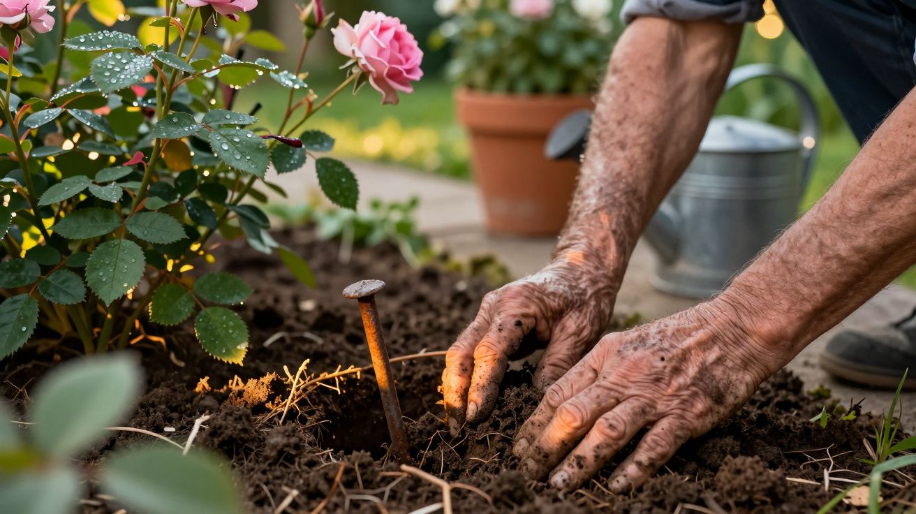 Osoba sadząca rośliny w ziemi, ręce blisko różowego kwiatu, w tle konewka i doniczka.