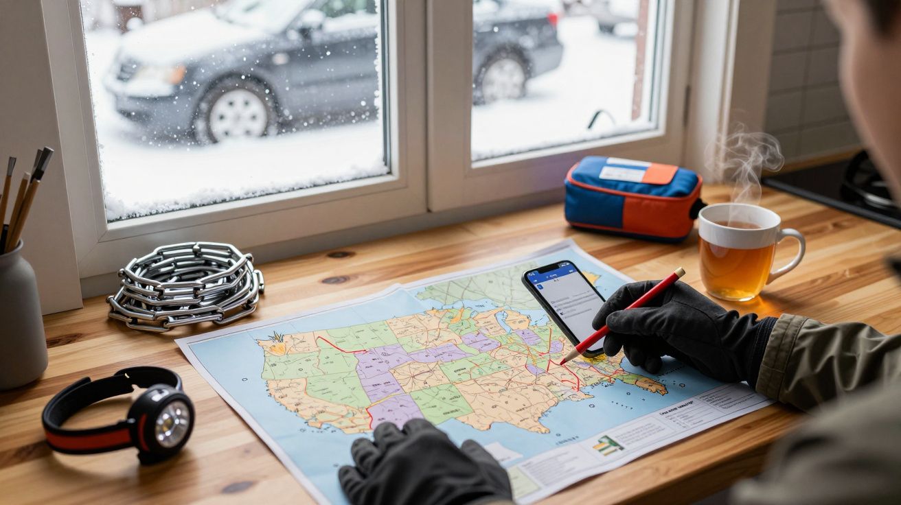 Osoba w rękawiczkach planująca trasę na mapie, z gorącą herbatą obok, na tle zaśnieżonego samochodu za oknem.
