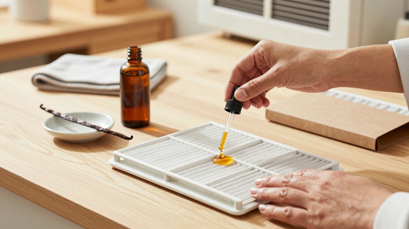 Osoba nakłada pipetą płyn na biały filtr na drewnianym stole, obok brązowa butelka i laska wanilii.