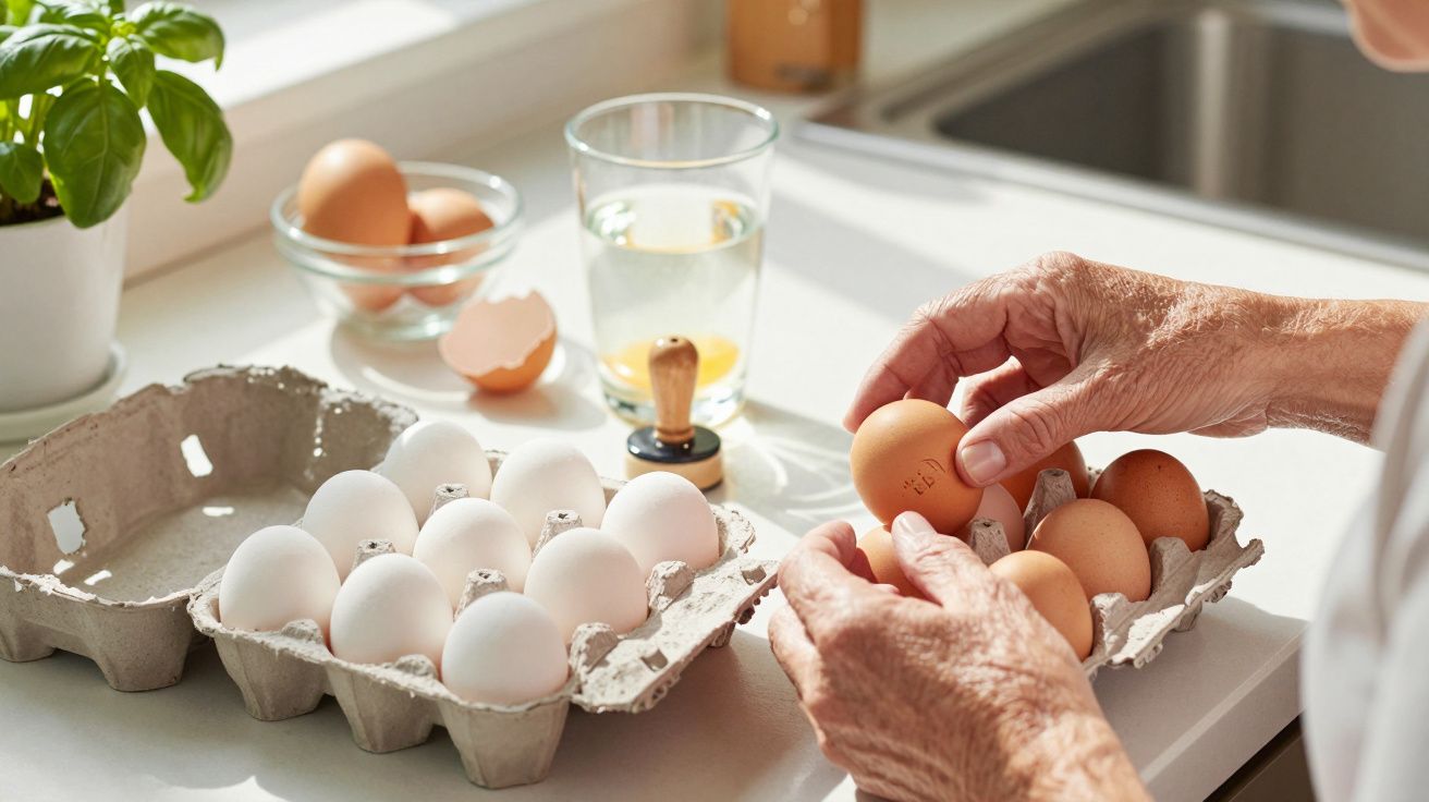 Osoba wybiera jajko z kartonu na blacie kuchennym, obok bazylia, szklanka z wodą i rozbite jajko.