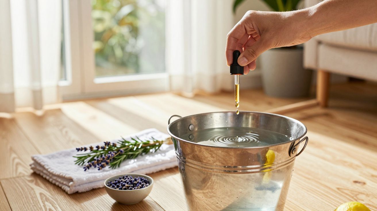 Ręka dodająca olejki eteryczne do wiadra z wodą, obok gałązka lawendy i miska z jagodami na ręczniku.