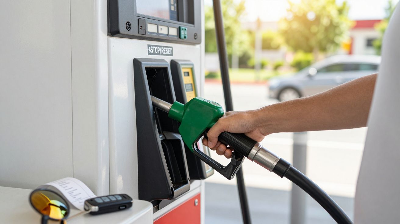 Osoba tankująca samochód paliwem na stacji benzynowej za pomocą zielonego pistoletu do dystrybutora.