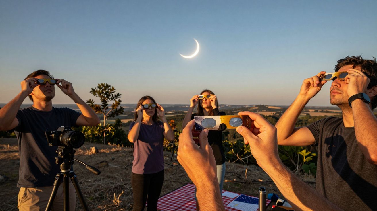 Grupa ludzi obserwuje zaćmienie słońca w plenerze, używając specjalnych okularów. W tle widoczny krajobraz i sierp księżyca.
