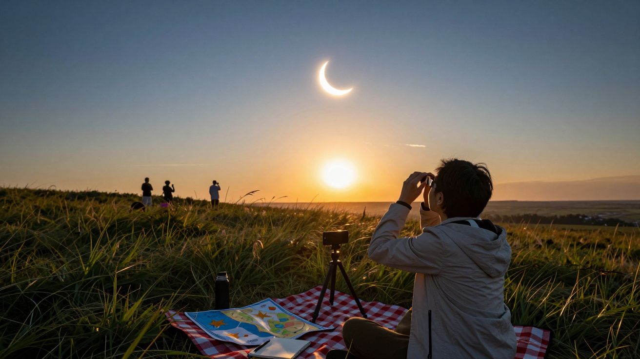 Osoba na pikniku obserwuje częściowe zaćmienie słońca na polanie przy zachodzie słońca.