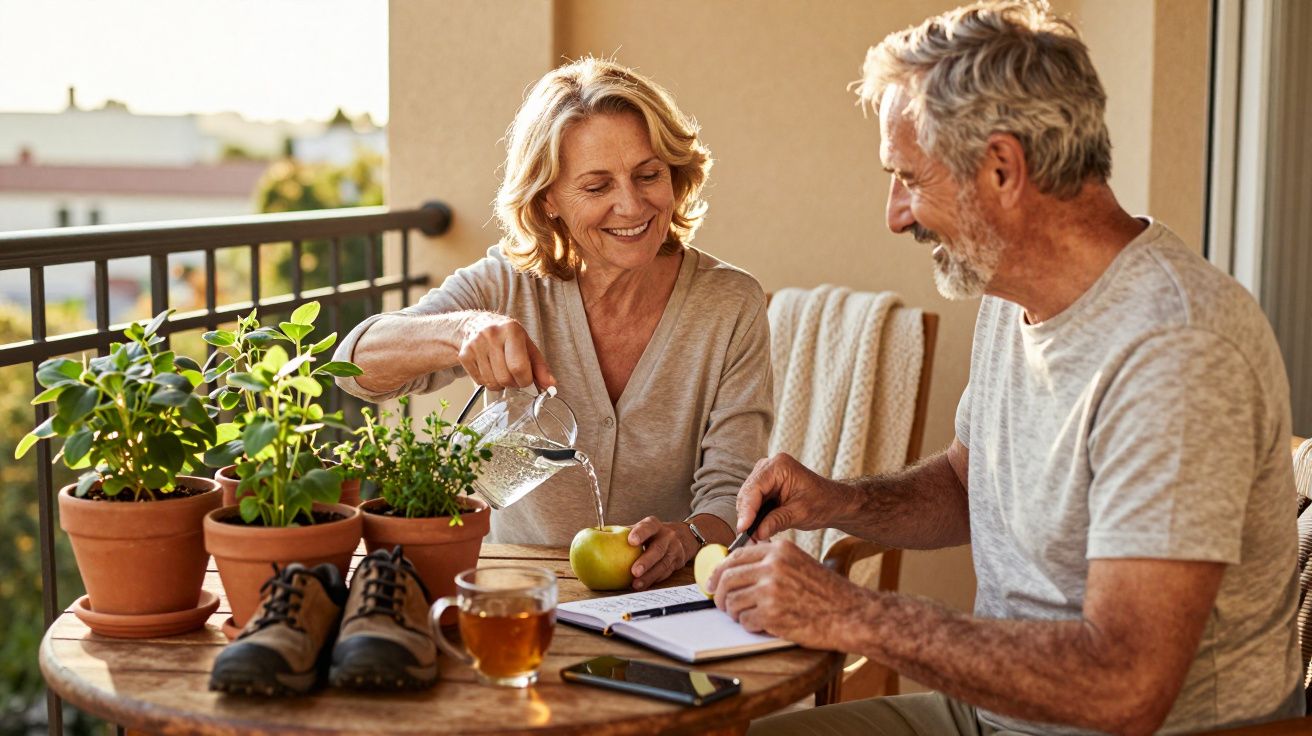 Starsza para przy stole na balkonie podlewa rośliny i rozmawia, przy filiżance herbaty i jabłku.