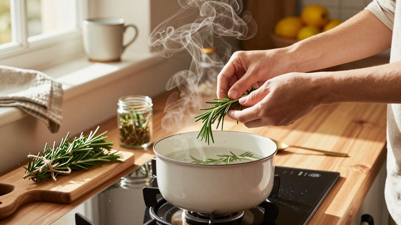 Osoba dodaje gałązkę rozmarynu do garnka z gotującą się wodą na kuchence.