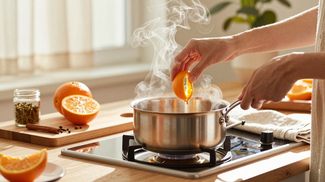 Osoba dodaje plasterek pomarańczy do gotującej się wody w metalowym garnku na kuchence.