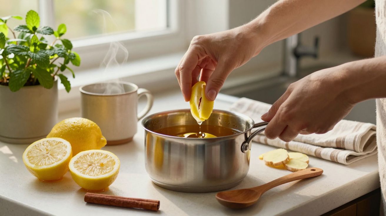Osoba wyciska cytrynę do gotującej się wody w garnku w kuchni; obok leży cynamon i imbir.