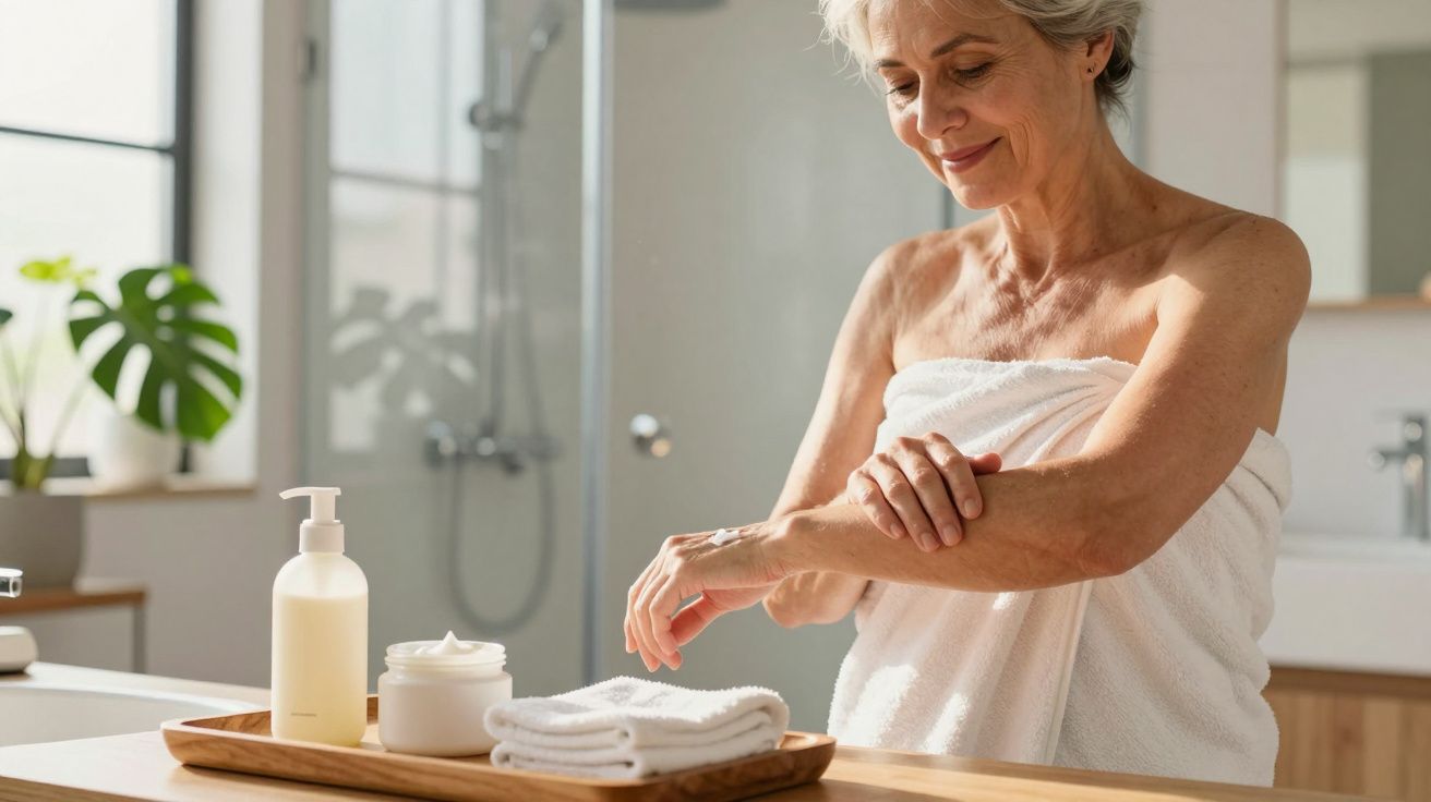 Starsza kobieta w ręczniku aplikuje balsam na skórę. W tle nowoczesna łazienka z dużym oknem.