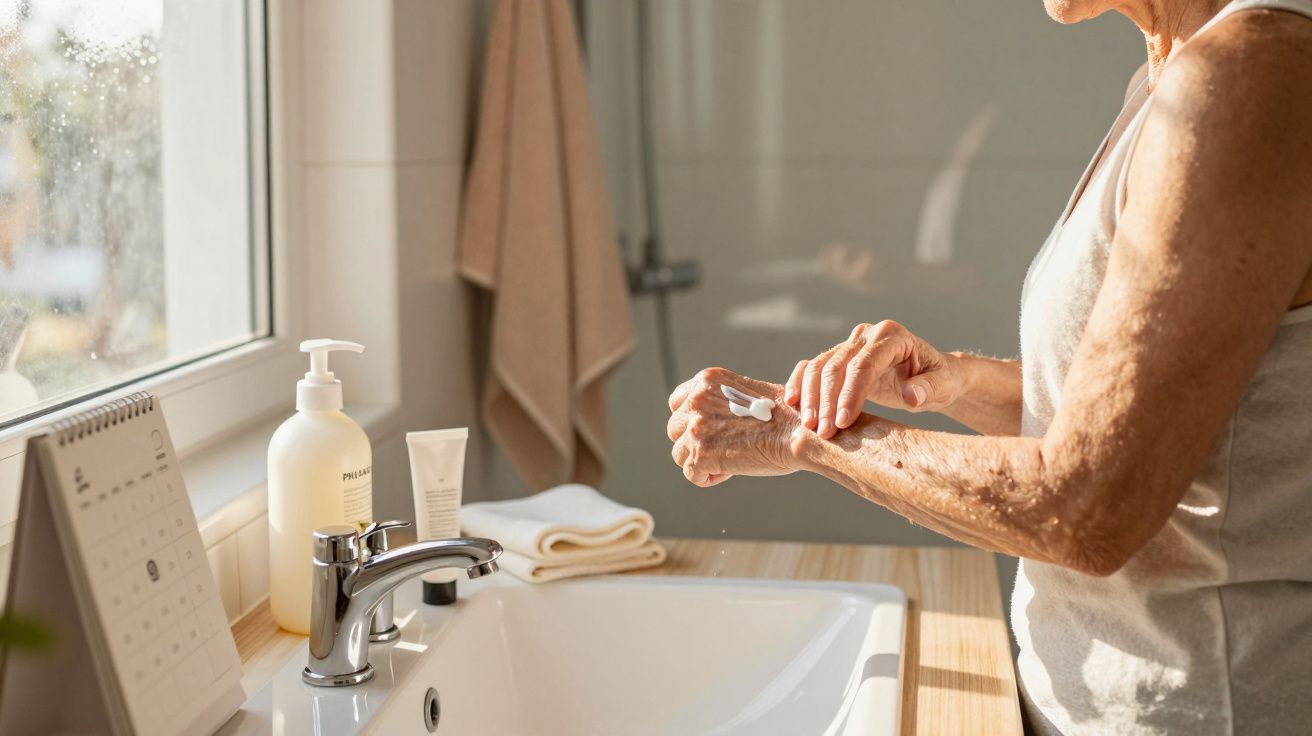 Starsza kobieta nakłada krem na ręce przy umywalce w jasnej łazience.