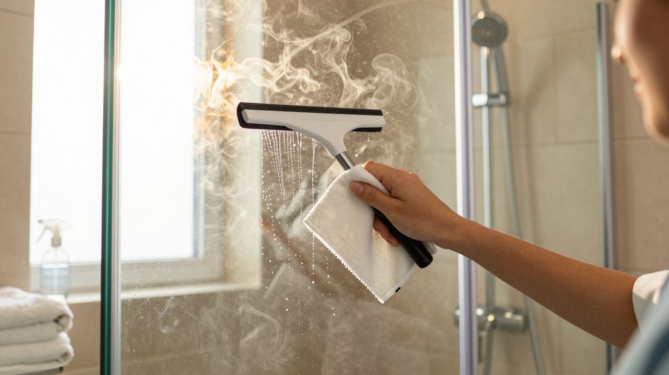 Osoba czyszcząca zaparowane lustro w łazience za pomocą ściągaczki i ściereczki, w tle kabina prysznicowa.