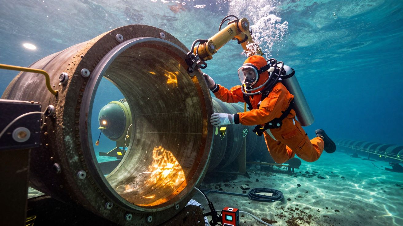 Nurek w pomarańczowym kombinezonie pracuje pod wodą przy dużej rurze, używając mechanicznego ramienia.