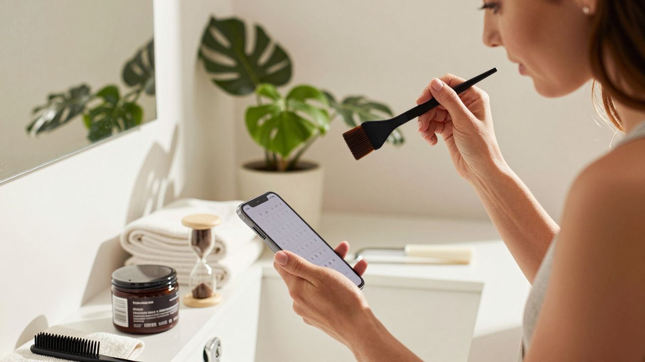 Kobieta z pędzlem do farb włosów patrzy na telefon w łazience z rośliną i akcesoriami do pielęgnacji.