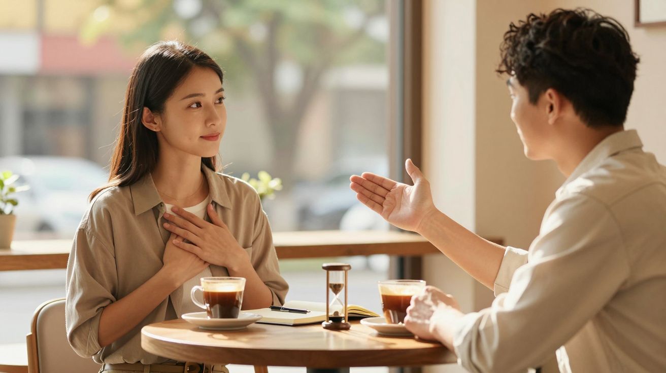 Dwie osoby przy stoliku w kawiarni, rozmawiają i piją kawę.