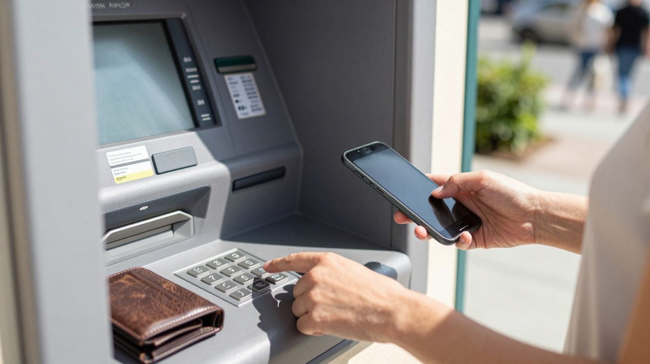 Osoba korzystająca z bankomatu, trzymając smartfon w jednej ręce i wpisując PIN drugą. Na panelu leży portfel.