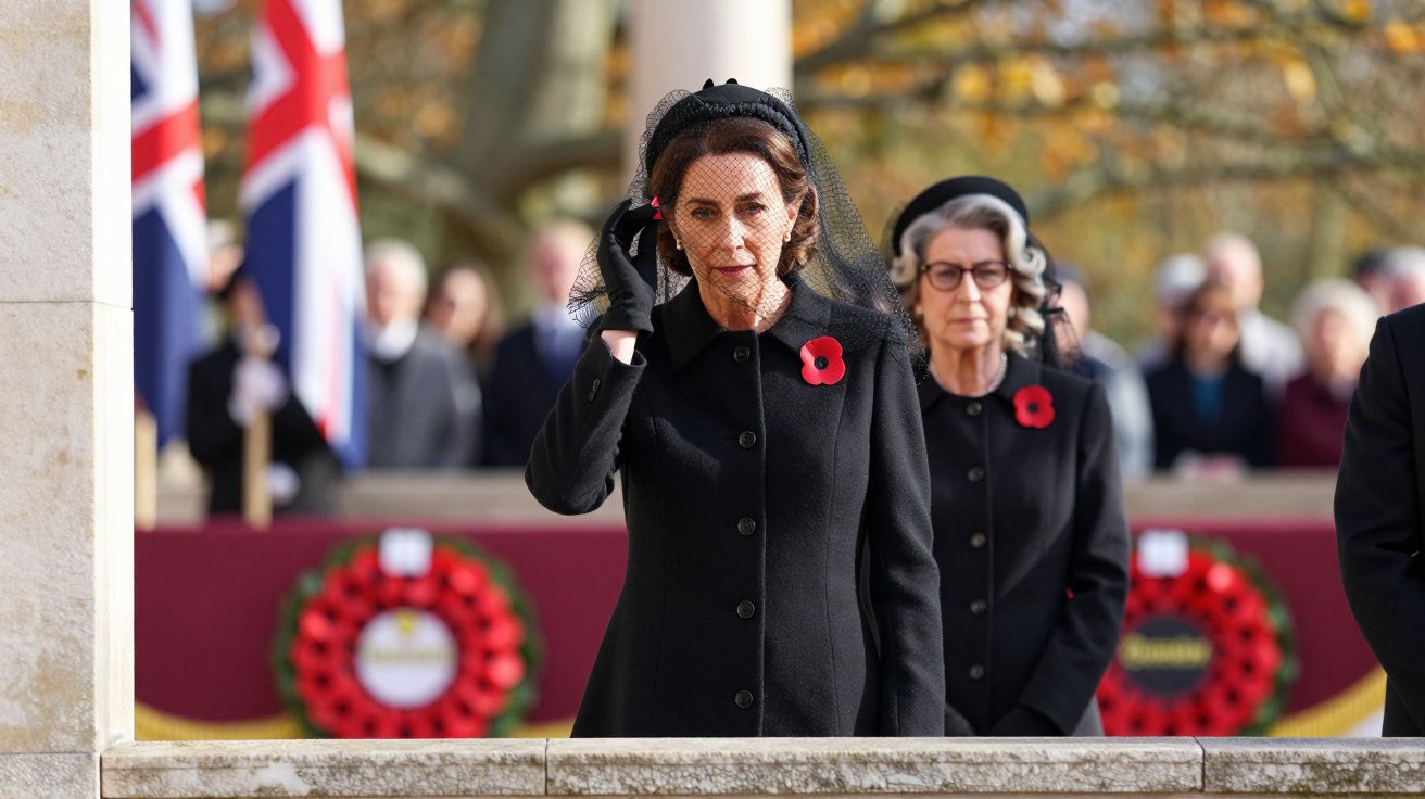 Kobieta w czerni z czerwonym makiem przy piersi na ceremonii pamięci, z flagą brytyjską w tle.