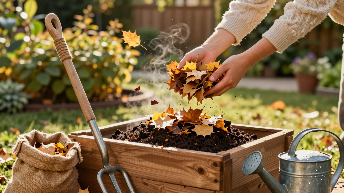 Osoba dodaje jesienne liście do kompostownika w ogrodzie, obok szpadel, worek i konewka.