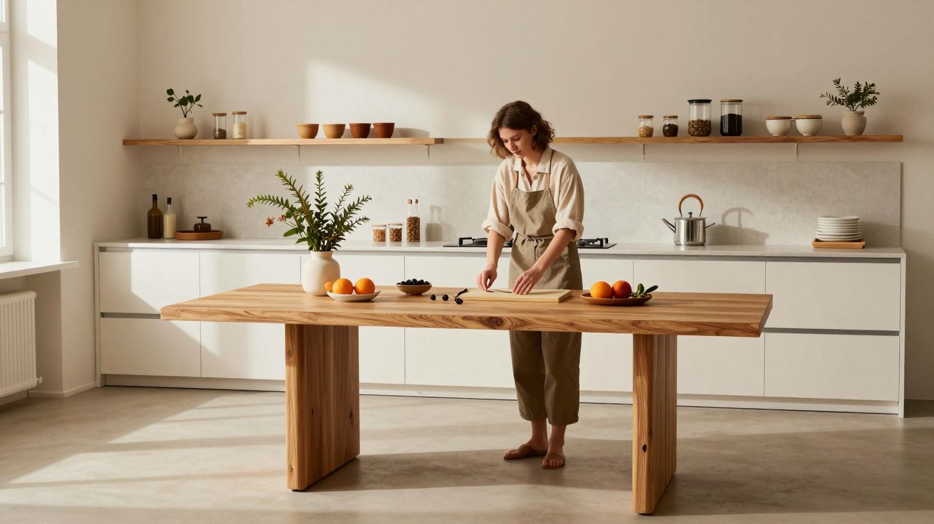 Kobieta w kuchni, układa owoce na drewnianym stole; w tle białe szafki i półki z naczyniami.