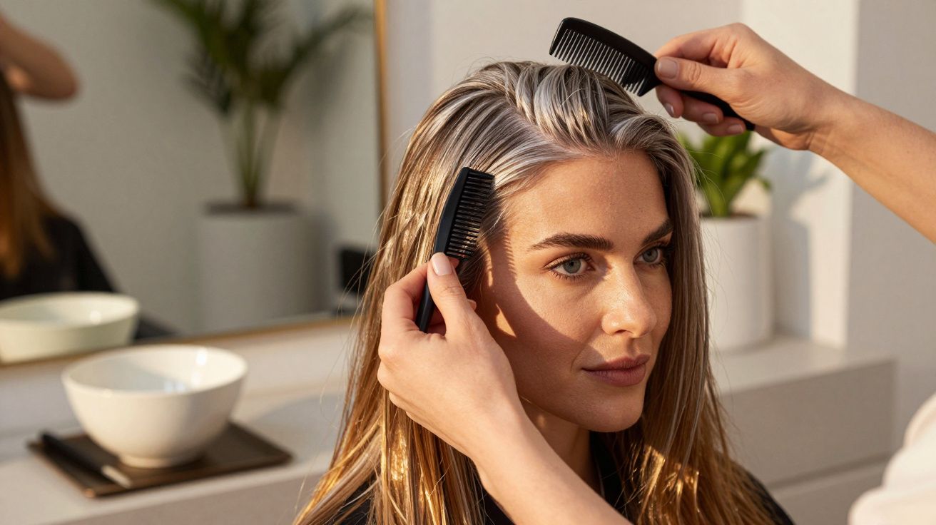 Kobieta z jasnymi włosami czesana dwoma grzebieniami w salonie fryzjerskim.
