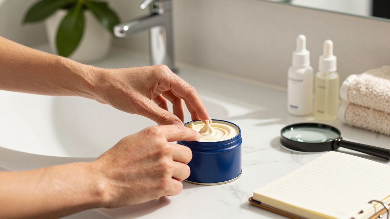 Osoba sięgająca po krem z niebieskiego pojemnika na blacie łazienkowym. Obok notatnik, lupa i butelki.
