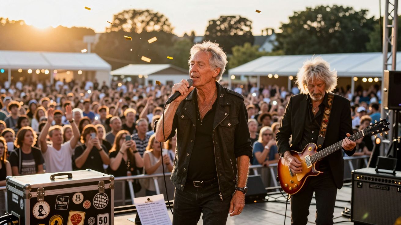 Starszy mężczyzna śpiewa na scenie, drugi gra na gitarze elektrycznej, wokół tłum ludzi, jasne światła.