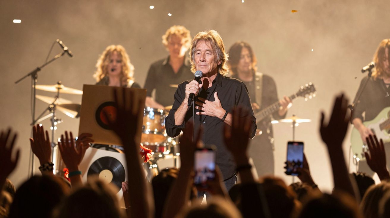 Muzyk na scenie z mikrofonem, zespół gra w tle, publiczność podnosi ręce.