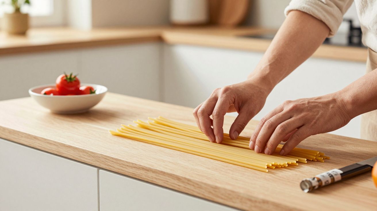 Osoba układająca długie makarony na drewnianym blacie w kuchni, obok miseczka z pomidorami.