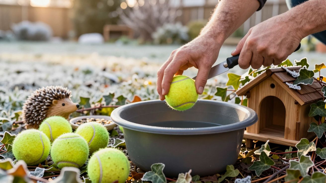 Osoba przecina piłkę tenisową nad miską, obok jeż i domek, w tle ogród z bluszczem.