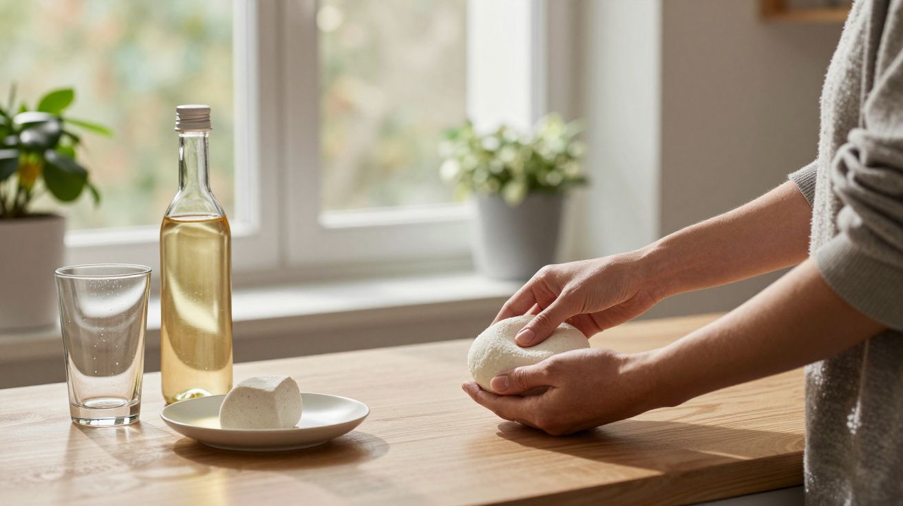 Osoba krojąca ser mozzarella na drewnianym blacie obok butelki oliwy i szklanki, w tle okno z roślinami.