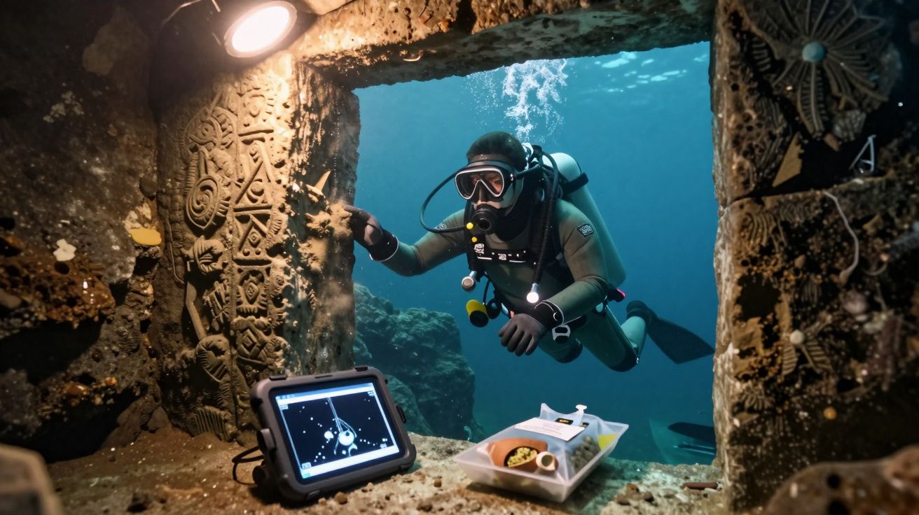 Nurek eksploruje podwodną strukturę z rzeźbieniami, trzyma tacę i tablet, które są oświetlone latarką.