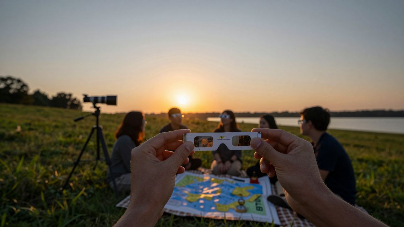 Osoby siedzące na trawie wpatrują się w zachód słońca, trzymając w rękach okulary. W tle statyw z aparatem.