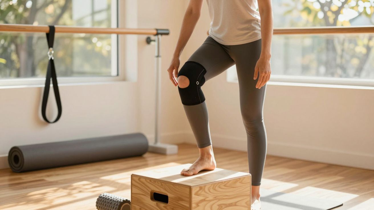 Osoba w legginsach z opaską na kolano stoi na drewnianym pudle w jasnym pokoju do ćwiczeń.