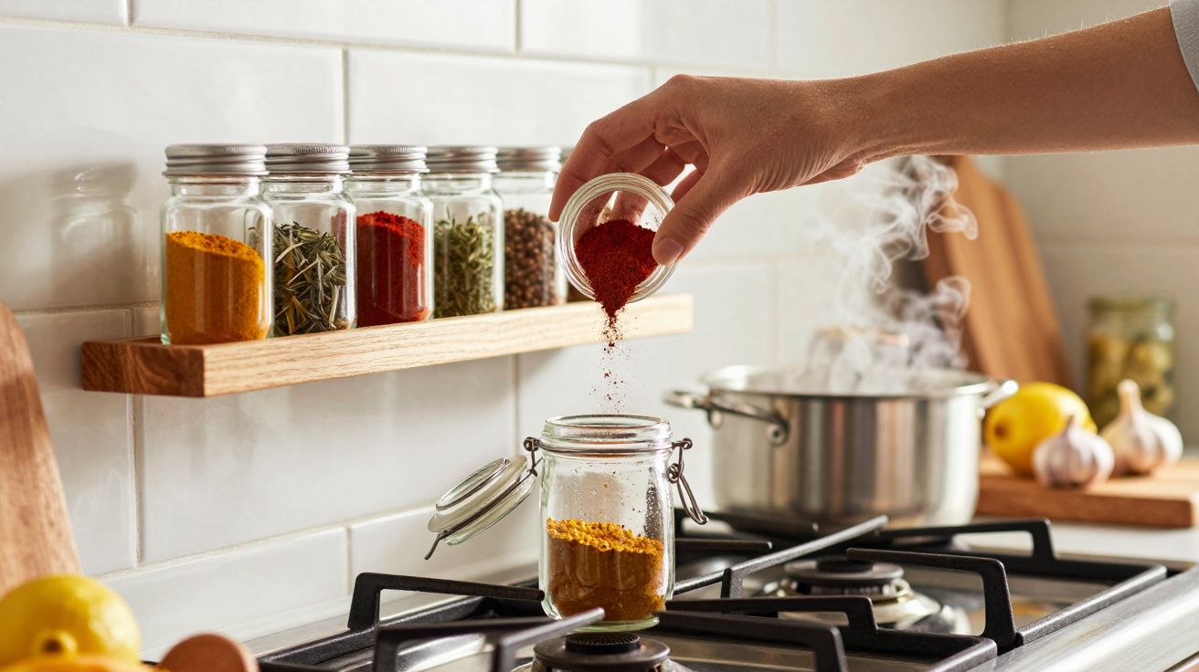 Ręka sypiąca przyprawy do słoika w kuchni, na tle półki z przyprawami i gotującego się garnka.