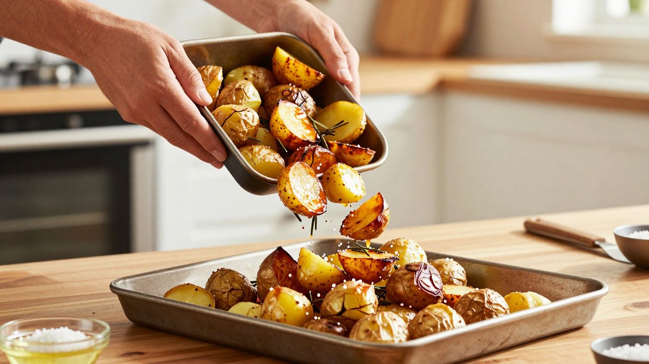 Osoba wsypująca pieczone ziemniaki z ziołami na blachę w kuchni.