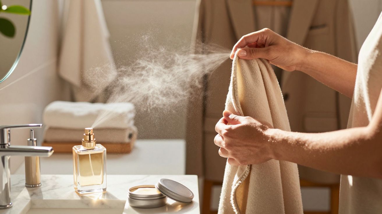 Osoba spryskująca tkaninę perfumami w jasnej łazience, obok umywalka i ręczniki.