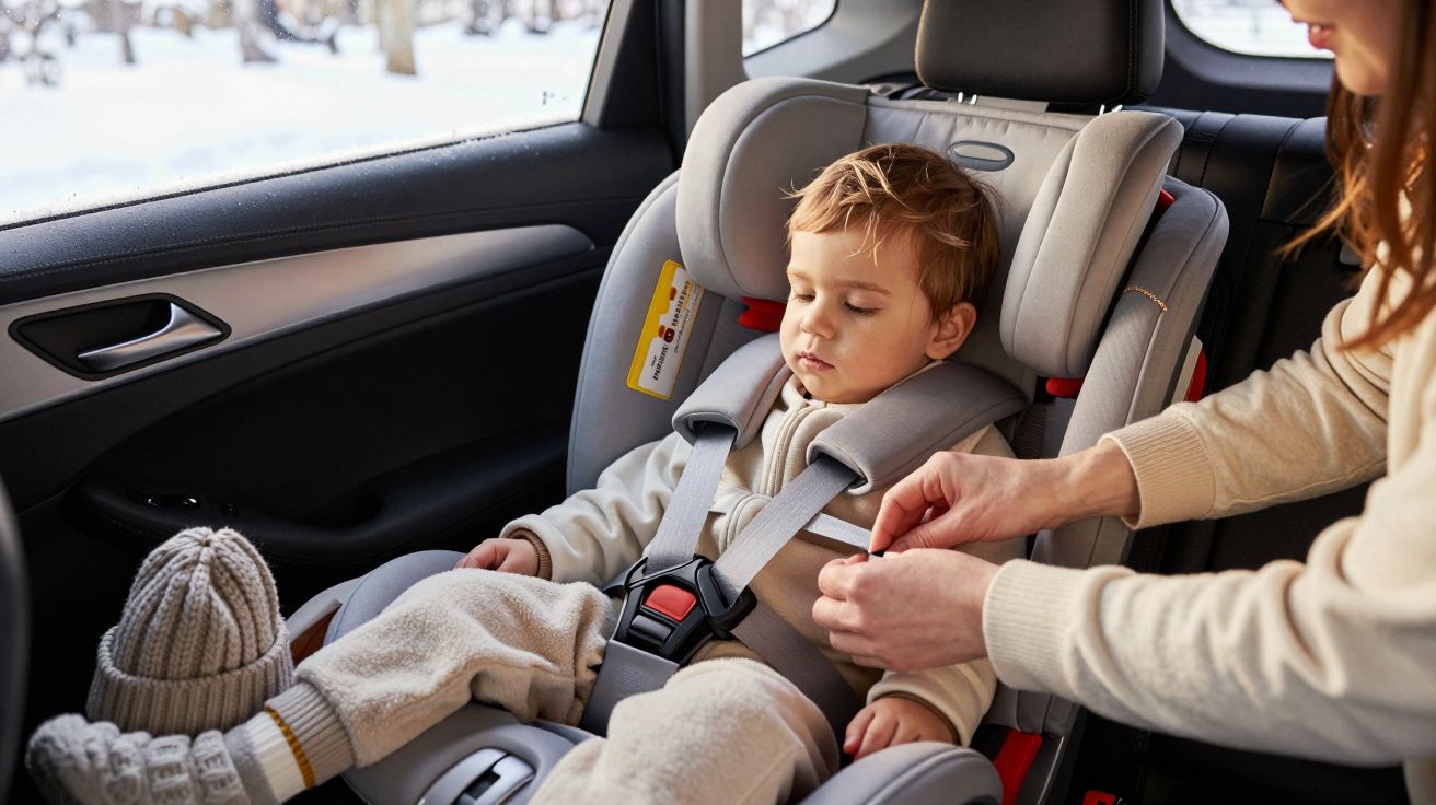Dziecko śpiące w foteliku samochodowym, osoba dorosła zapina pas bezpieczeństwa.