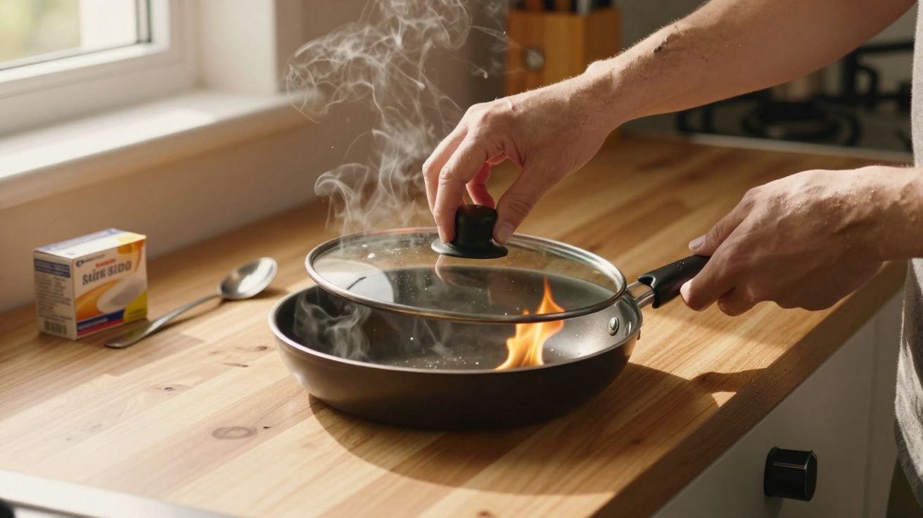 Osoba zakrywa patelnię pokrywką, na której unosi się dym, widać płomień na kuchence.