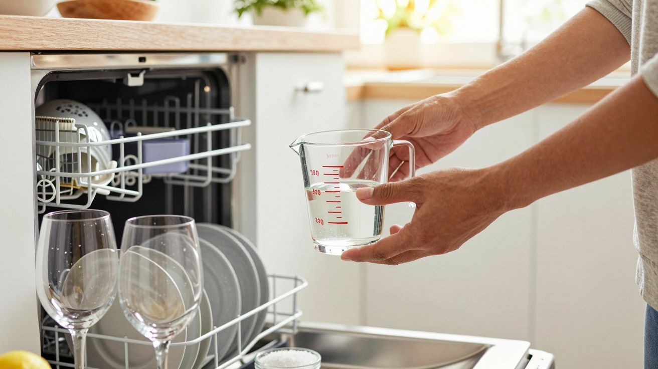 Osoba trzymającą miarkę z wodą przed otwartą zmywarką z naczyniami i kieliszkami.