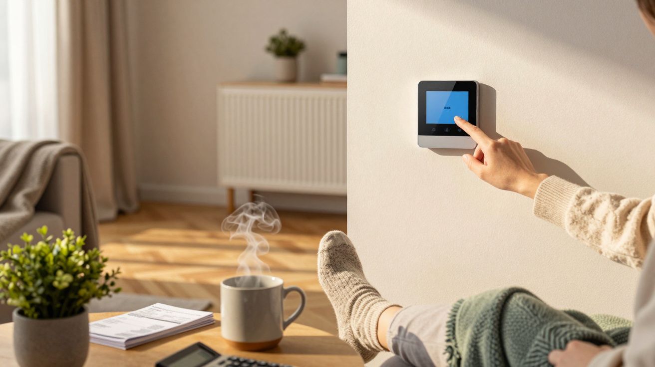 Osoba zmieniająca ustawienia na nowoczesnym termostacie w przytulnym salonie z filiżanką kawy na stoliku.