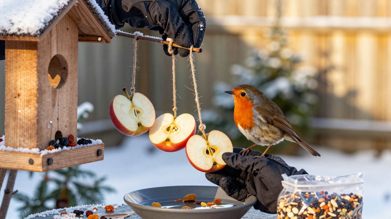 Rudzik na jabłku przy karmniku w zimowym ogrodzie, obok miski z wodą i nasionami.