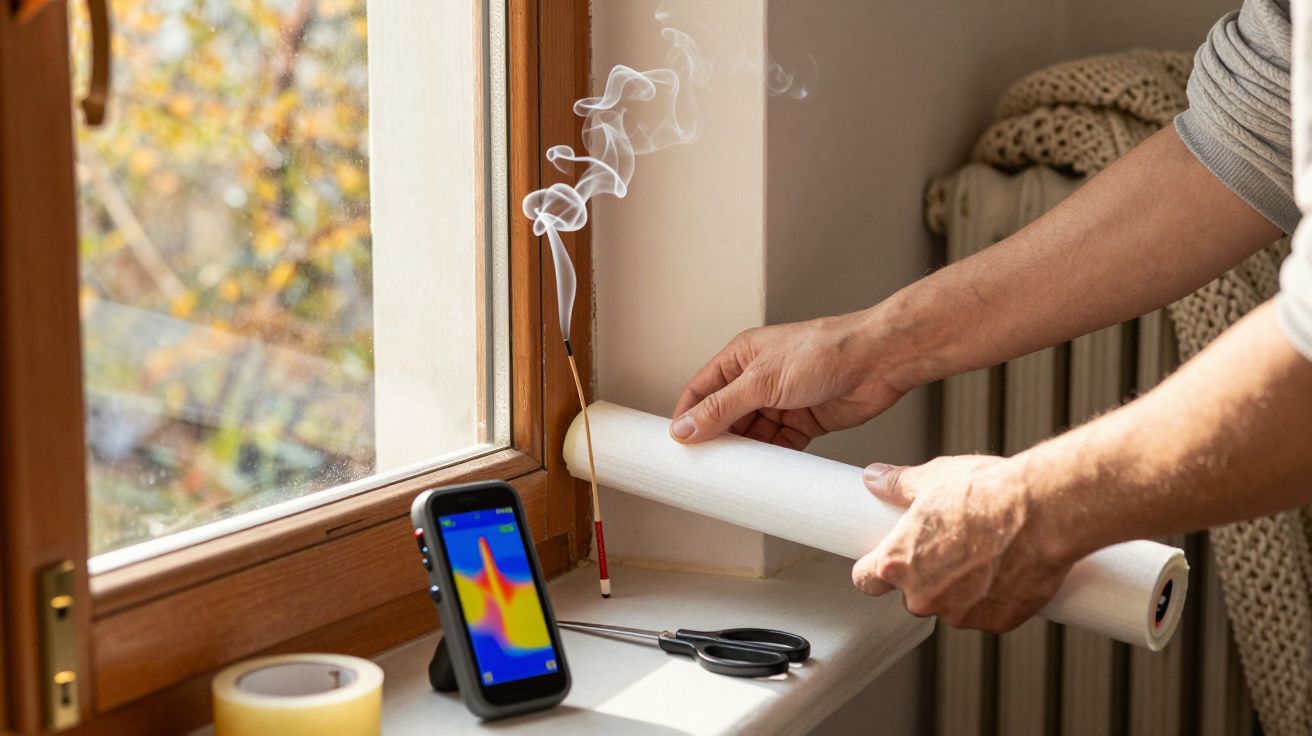 Osoba trzymająca rolkę przy oknie, obok kadzidełko i miernik temperatury.